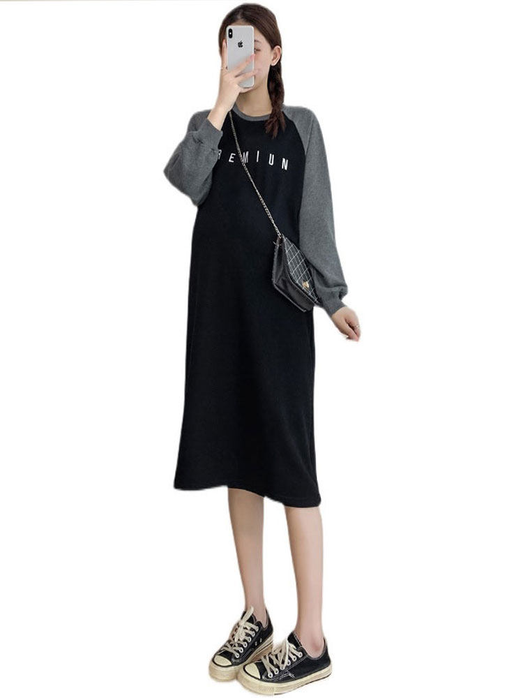 MATERNITY WEAR COLLEGE STYLE PULLOVER MID-LENGTH OVER-THE-KNEE SPRING AUTUMN WINTER LOOSE T-SHIRT SWEATSHIRT DRESS