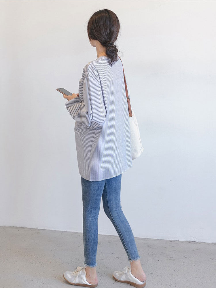 AMUM MATERNITY WEAR V-NECK STRIPED SHIRT DESIGN COTTON LOOSE AND FASHIONABLE PREGNANT MOM LONG SLEEVE TOP