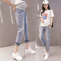 Quần bà bầu mặc quần mùa hè cho bà bầu Quần jeans ống rộng Hàn Quốc phiên bản quần mùa thu chín điểm xuân hè thu đông - Phụ nữ mang thai quần / quần bụng quần bầu cạp chéo