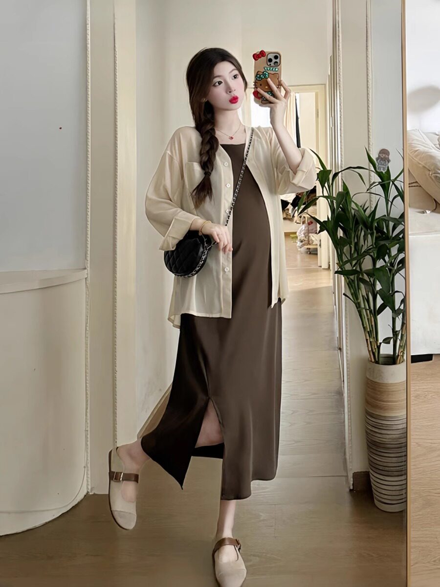 PREGNANT MOTHERS WEAR ? PREGNANT WOMEN SPRING AND SUMMER CLOTHES 2024 NEW SLIT SUSPENDER DRESS SUNSCREEN SHIRT TWO-PIECE SUIT