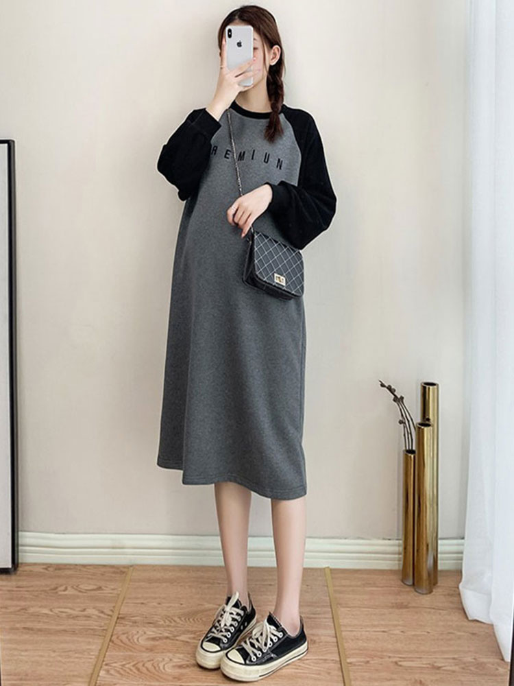 MATERNITY WEAR COLLEGE STYLE PULLOVER MID-LENGTH OVER-THE-KNEE SPRING AUTUMN WINTER LOOSE T-SHIRT SWEATSHIRT DRESS