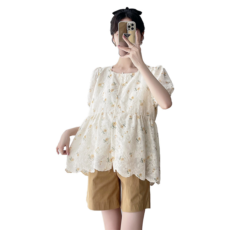 MATERNITY SUMMER SUIT THIN CASUAL OUTING PANTS SUMMER LACE SHORT SLEEVE SUMMER TOP PRENATAL CHECKUP TWO-PIECE SET