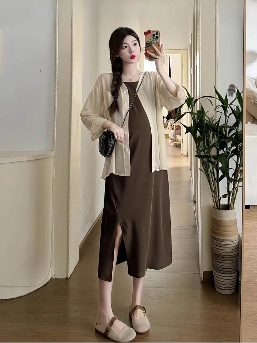 PREGNANT MOTHERS WEAR ? PREGNANT WOMEN SPRING AND SUMMER CLOTHES 2024 NEW SLIT SUSPENDER DRESS SUNSCREEN SHIRT TWO-PIECE SUIT