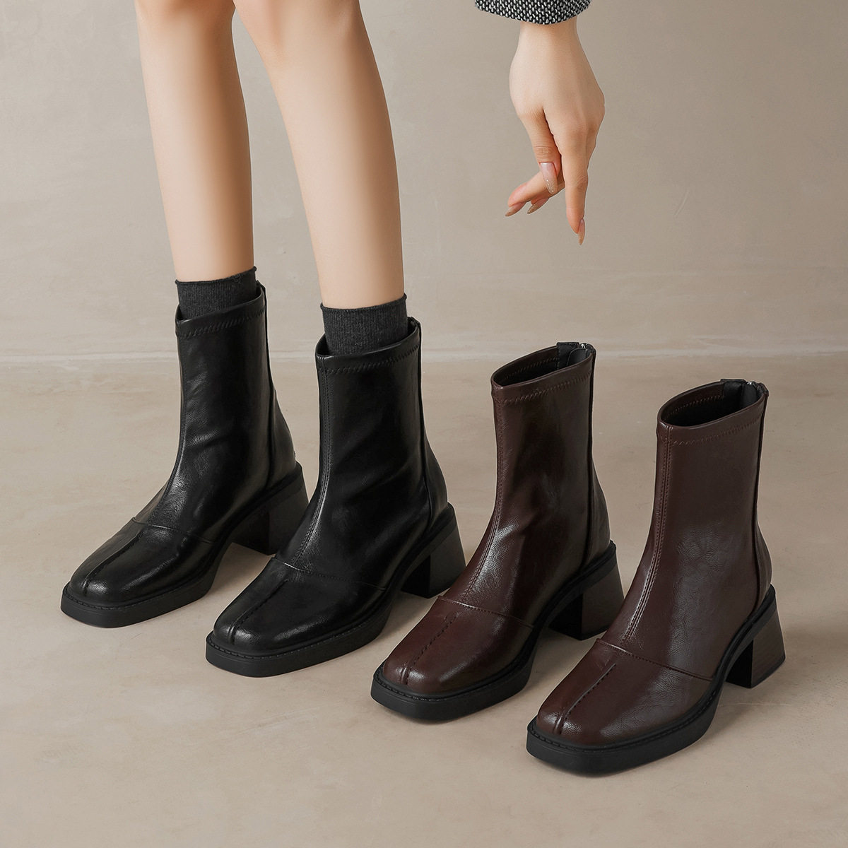 弹力瘦瘦靴女方头复古粗高跟时装单靴英伦风真皮马丁靴烟筒短靴子