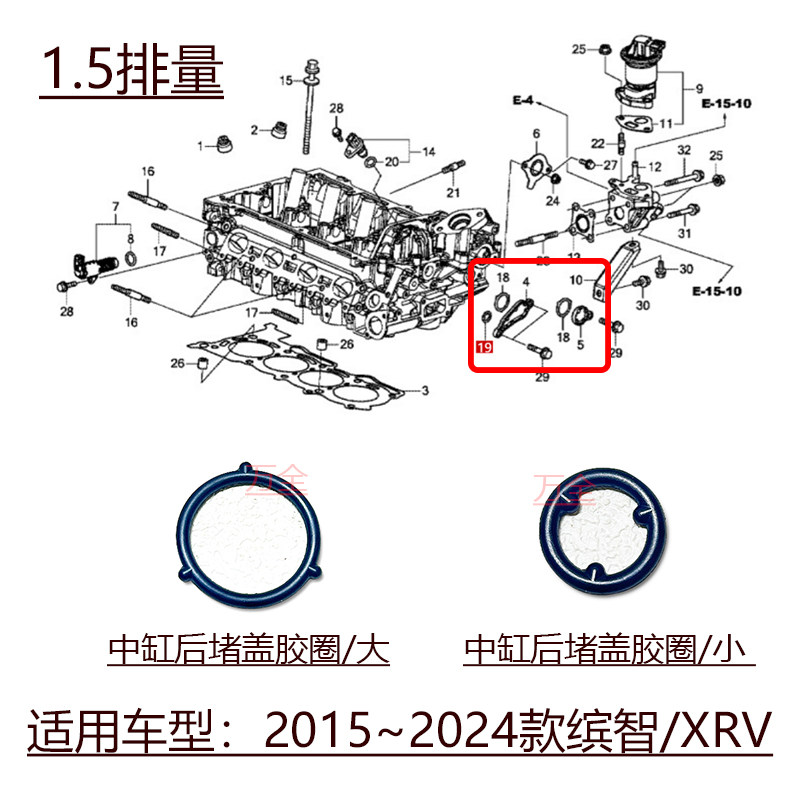 适用于2015~2024款缤智XRV发动机中缸后堵盖密封胶圈0型圈原装