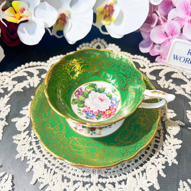 西洋古董 stafford名人系列 empress白玫瑰阔口鎏金骨瓷杯碟 现货