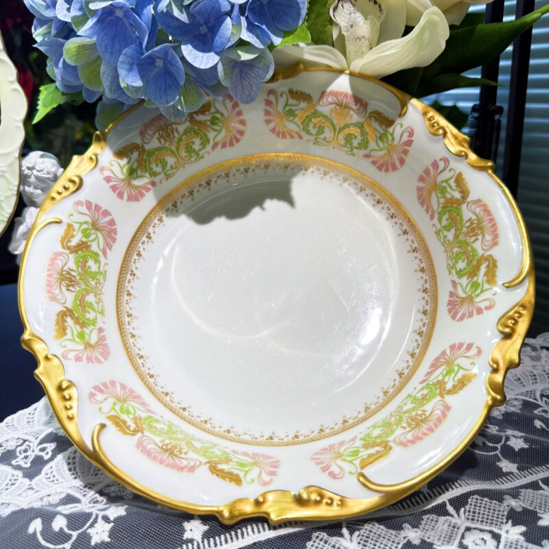 西洋古董 limoges 利摩日 全手绘开窗花卉重金骨瓷水果深盘 现货