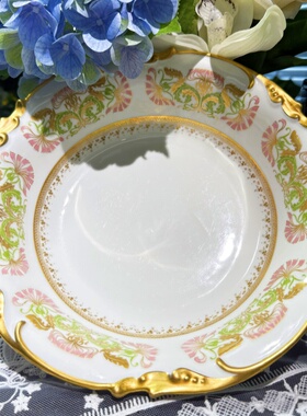 西洋古董 limoges 利摩日 全手绘开窗花卉重金骨瓷水果深盘 现货