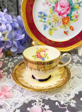 西洋古董collingwoods重金蕾丝黄釉杯内花束鎏金骨瓷咖啡杯碟现货