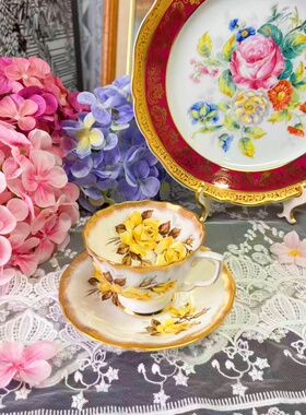 西洋古董 adderley 杯内外黄色玫瑰花束 鎏金骨瓷咖啡杯碟 现货
