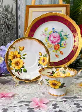 西洋古董 queen anne 宽金内外黄色花卉阔口鎏金骨瓷咖啡杯碟现货