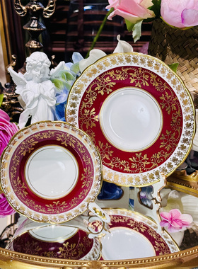 西洋古董 stafford 钴红重金金蕾丝花环鎏金骨瓷咖啡杯碟 现货