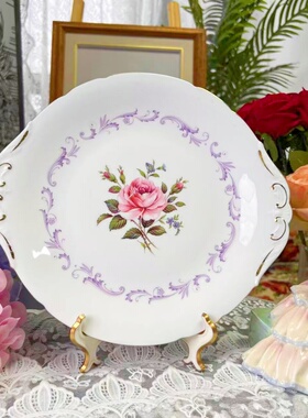 西洋古董 paragon 帕拉贡粉色玫瑰紫色花纹蛋糕盘小盘 现货