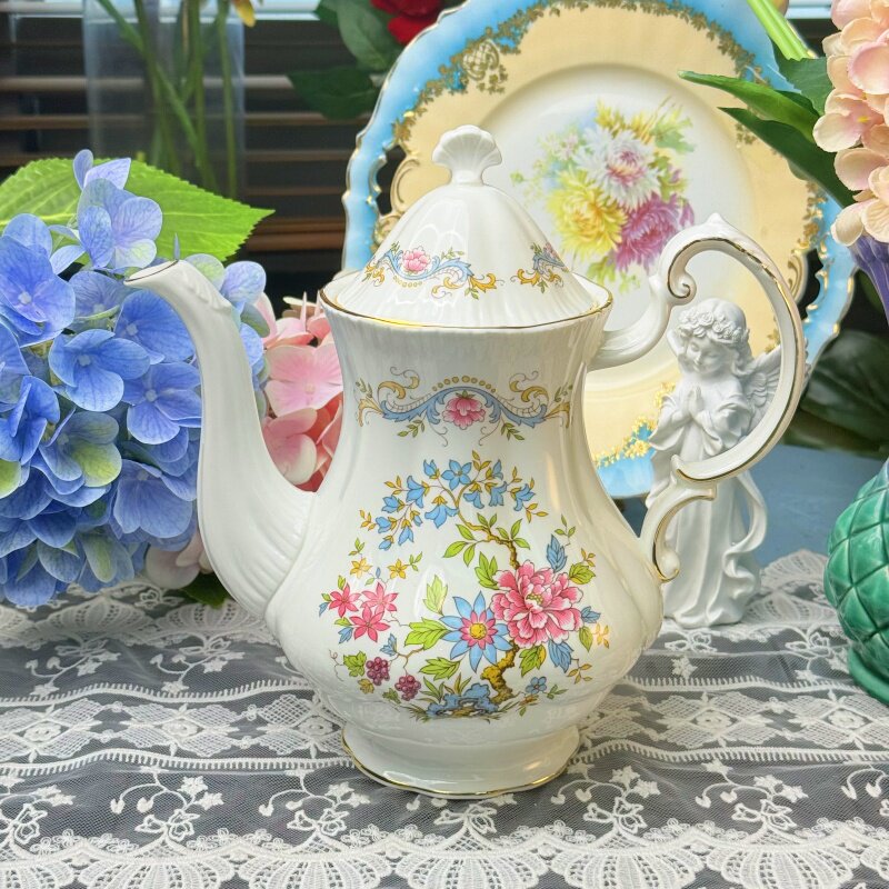 西洋古董 standard双面彩色花卉微浮雕鎏金骨瓷茶壶 咖啡壶 现货