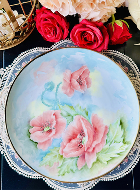 西洋古董 老欧洲 蓝釉全手绘红色花卉作者签名金边赏盘 现货