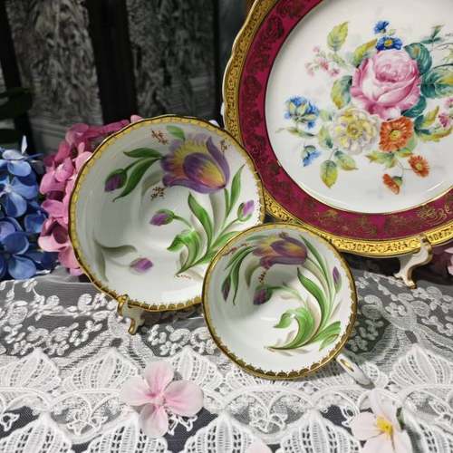 西洋古董 tuscan 手绘大花苞郁金香 双签名阔口骨瓷咖啡杯碟 现货