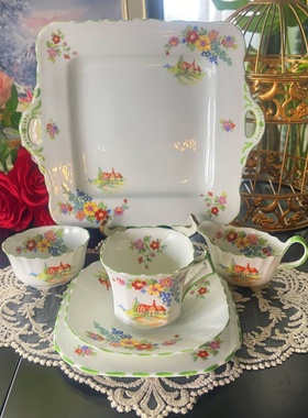 西洋古董 sutherland 手绘绿釉边花园小屋 糖奶罐 杯碟套现货