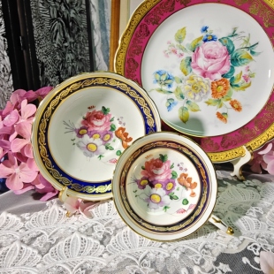 西洋古董 paragon 钴蓝金蕾丝杯中花阔口骨瓷咖啡红茶杯碟 现货