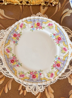 西洋古董 salisbury 彩色开窗花卉双耳蛋糕盘 现货