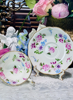 西洋古董 foley 全手绘玫瑰花卉鎏金花口骨瓷咖啡杯碟 现货