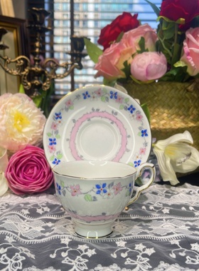 西洋古董 stafford 全手绘蓝粉花环描金立座阔口咖啡杯碟 现货