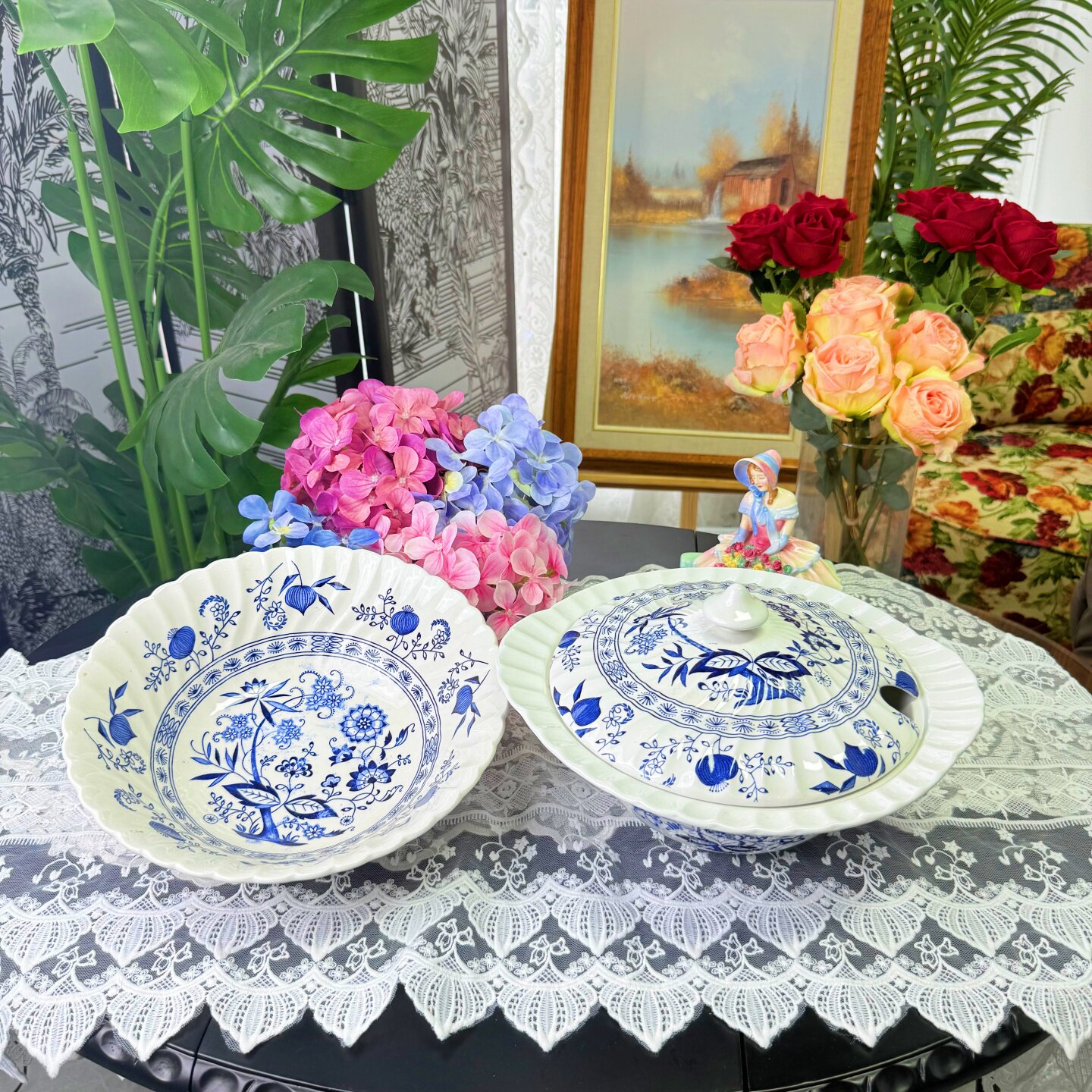 西洋古董JohnsonJ&G Meakin70年代blue nordic蓝洋葱带盖汤锅现货