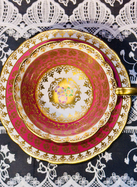 西洋古董 stafford 粉釉金蕾丝重金杯底彩色花卉阔口鎏金杯碟现货