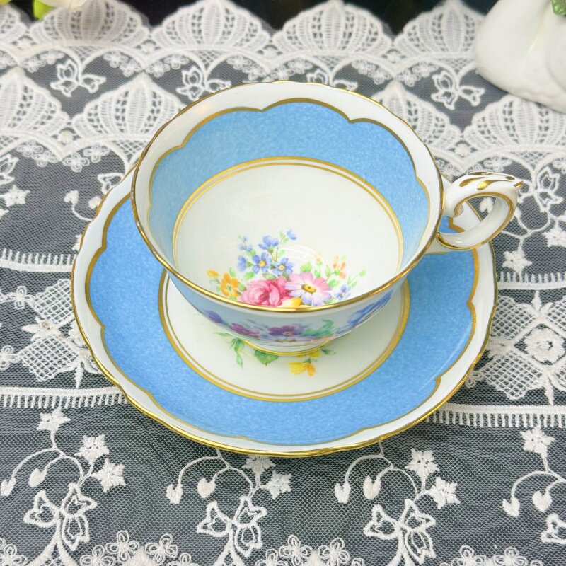 西洋古董 Staffordshire蓝釉大理石内外花束阔口鎏金骨瓷咖啡杯碟