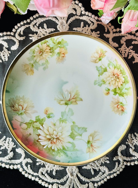 西洋古董 奥地利imperial全手绘渐变绿釉白色菊花宽金边赏盘 现货