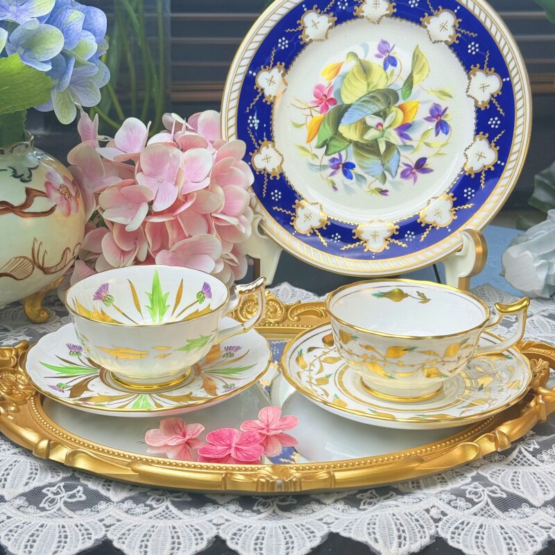 西洋古董 皇家切尔西royal Chelsea阔口鎏金骨瓷咖啡杯碟 现货