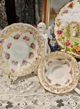 西洋古董doulton 1910洛可可风格 手绘鎏金玫瑰骨瓷红茶杯碟 现货