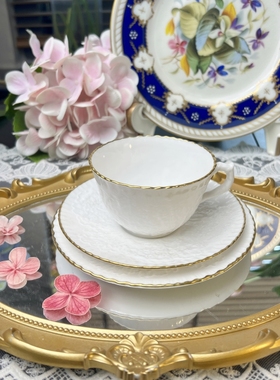 西洋古董spode1960年金边白色阔口白菜浮雕 骨瓷红茶咖啡杯碟现货