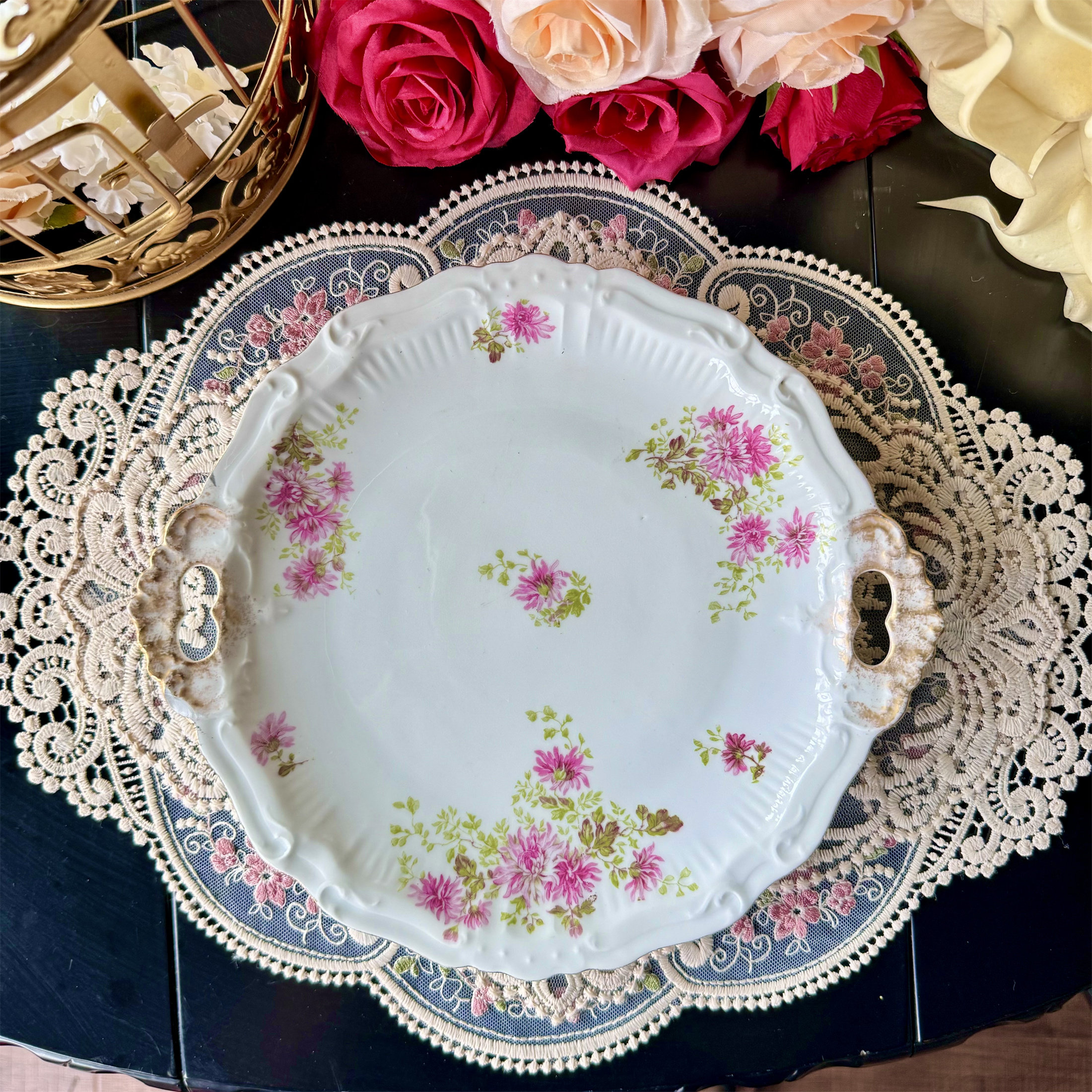 西洋古董 limoges 全手绘粉色菊花金色双耳蛋糕盘 现货