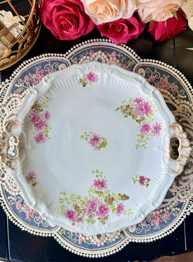 西洋古董 limoges 全手绘粉色菊花金色双耳蛋糕盘 现货