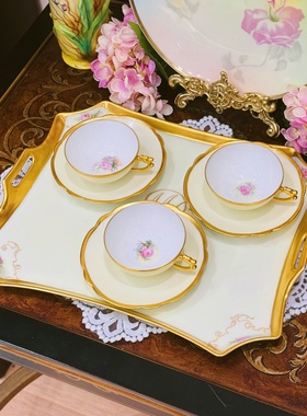 西洋古董limoges利摩日黄釉杯底手绘粉玫瑰阔口宽金杯碟托盘 现货