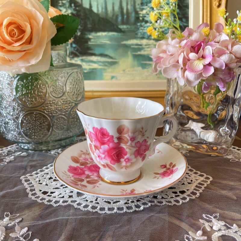 西洋古董 royal grafton 粉色玫瑰花卉花口鎏金骨瓷咖啡杯碟现货