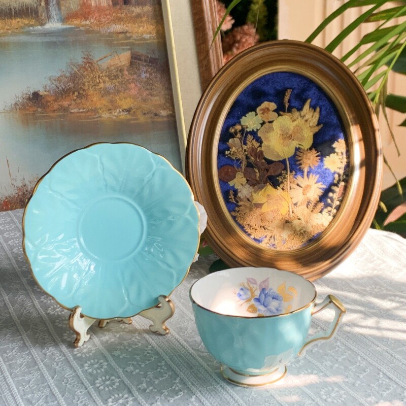 西洋古董aynsley 1934兰绿釉荷花碟珐琅彩鎏金咖啡杯碟 现货