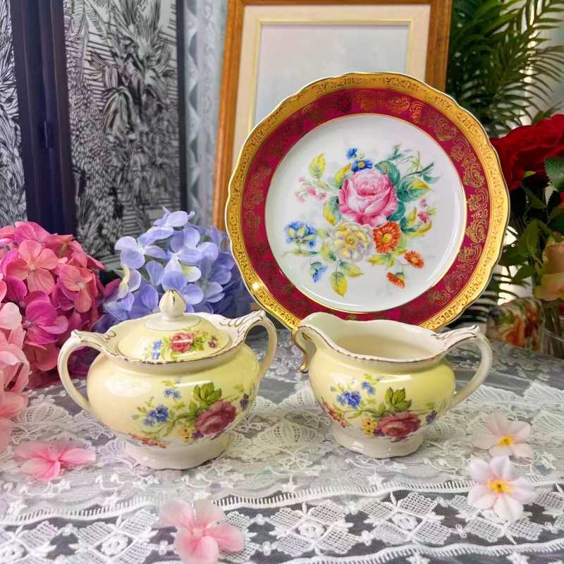 西洋古董 英产 woods 全手绘英国玫瑰 黄釉大号鎏金糖奶 1920现货