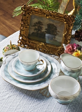 西洋古董aynsley blue wheat手绘蓝色釉厚胚鎏金骨瓷咖啡杯碟现货