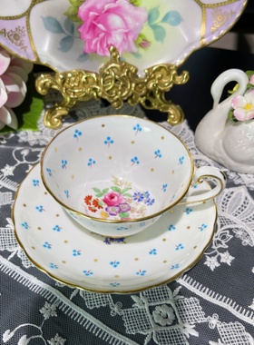 西洋古董 chelsea 切尔西蓝色小花杯底彩色花卉骨瓷咖啡杯碟 现货