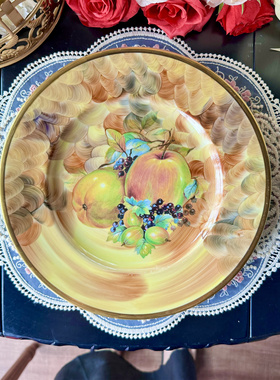 西洋古董 欧洲 半手绘橙色釉水果金边赏盘 现货
