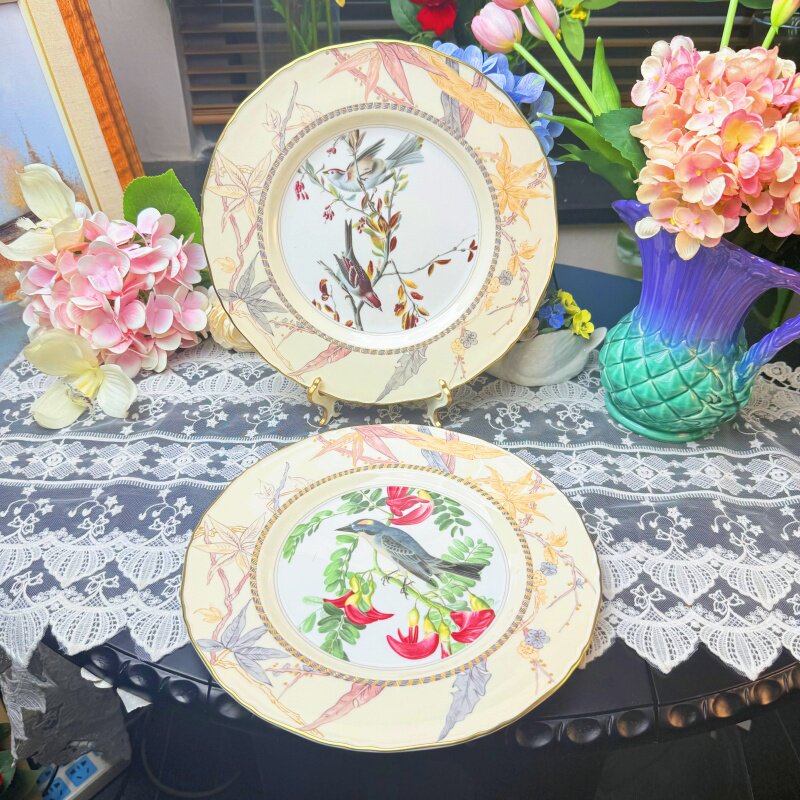 西洋古董 worcester 伍斯特 喜上眉梢花鸟鎏金骨瓷赏盘 现货