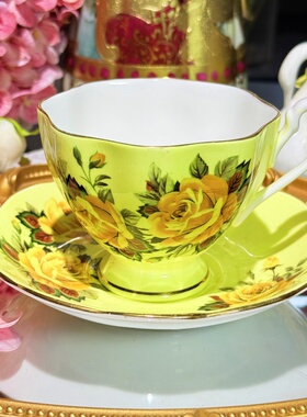 西洋古董Queen Anne 黄色釉大玫瑰鎏金八角骨瓷咖啡杯碟 现货