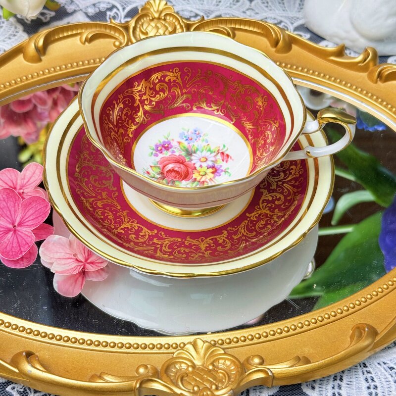 西洋古董 paragon钴红金蕾丝杯底玫瑰花束十字方口鎏金杯碟 现货