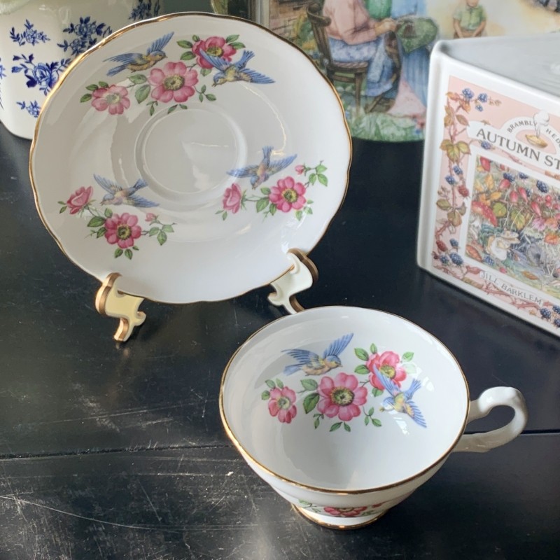 西洋古董 grosvenor 格拉夫那鸟与花阔口鎏金骨瓷咖啡杯碟现货