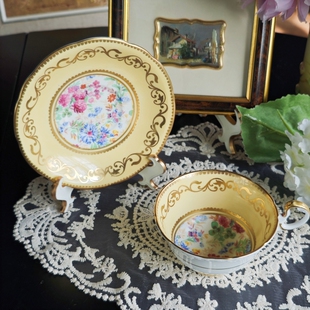 西洋古董aynsley 1934s 黄釉杯中花卉重金阔口骨瓷咖啡杯碟现货