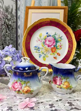 西洋古董 德瓷 蓝色渐变釉 双色玫瑰花卉 糖奶罐 现货