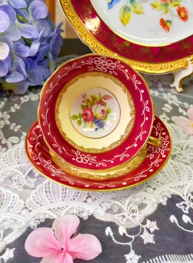 西洋古董 collingwoods红釉杯底花束骨瓷咖啡杯碟 现货