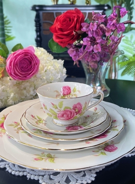 西洋古董  adderley 粉红色大玫瑰阔口鎏金骨瓷咖啡杯碟套件 现货