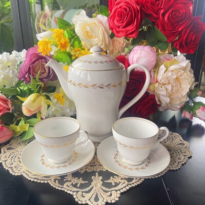 西洋古董 Shelley 金树叶花环鎏金骨瓷咖啡杯碟 单壶 现货